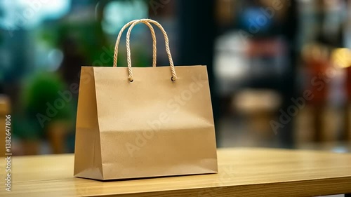 Wallpaper Mural Brown paper shopping bag on wooden table in a vibrant store with blurred background activity Torontodigital.ca