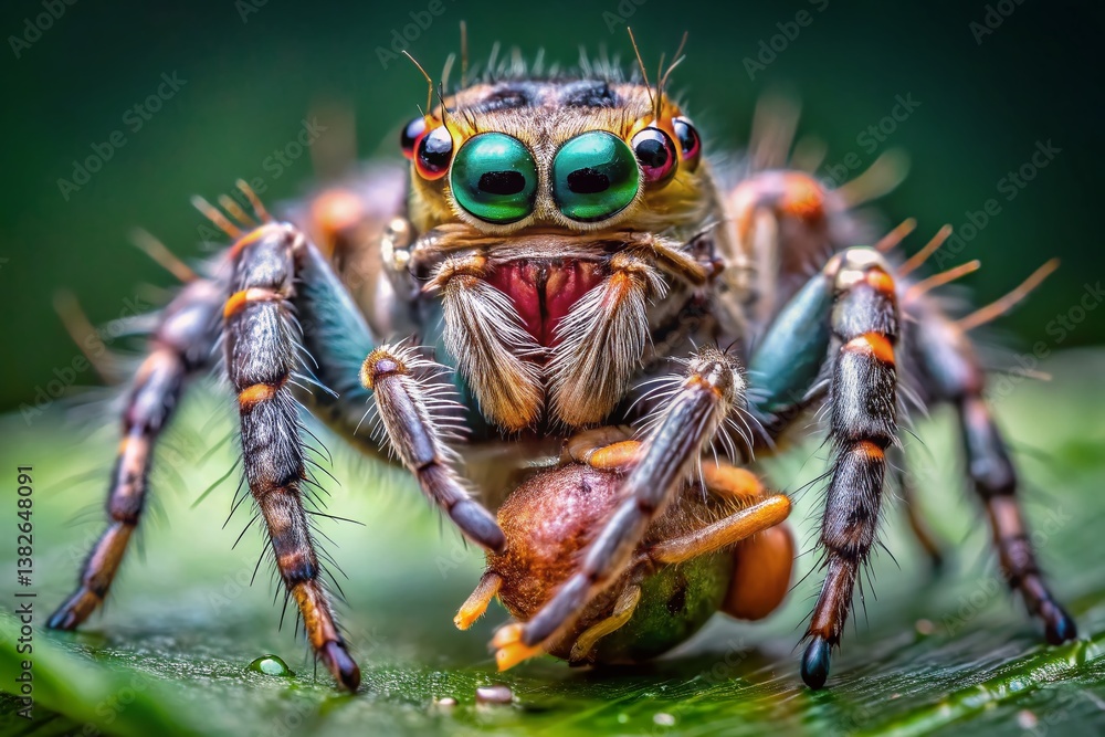 Fototapeta premium Drone Close-up: Bold Jumping Spider Devouring Fly