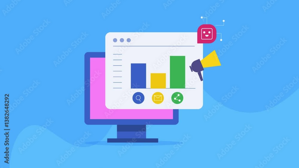 AI virtual assistant collects and analyse data from marketing resources and display analytical graph report on dashboard screen. AI virtual assistant collects and analyse data from marketing resources and display analytical graph report on dashboard screen.