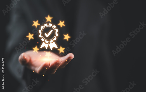 Фотография Business people showing ideas warranty, international standard, ISO quality certification and quality guarantee mark, Excellent accreditation in the industry, Certified product symbol