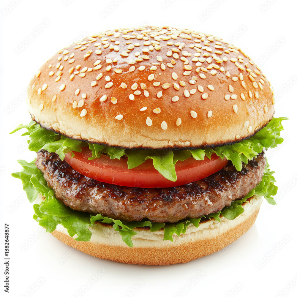 A close-up of a juicy burger, its patty thick and succulent, sandwiched between a sesame seed bun with lettuce, tomato, and a special sauce. The burger, a classic American indulgence, offers a A close-up of a juicy burger, its patty thick and succulent, sandwiched between a sesame seed bun with lettuce, tomato, and a special sauce. The burger, a classic American indulgence, offers a