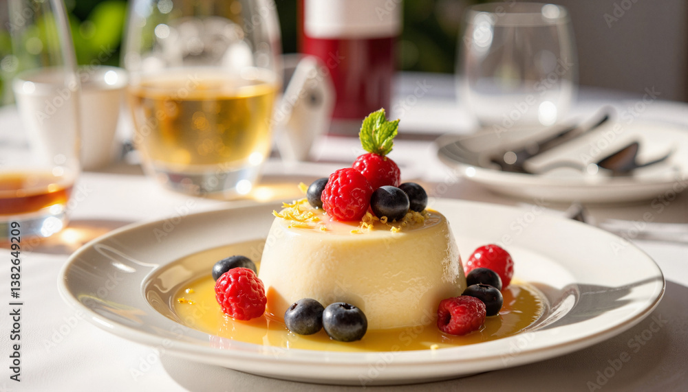 Elegant panna cotta dessert with berries in lavish dining room, indulgence Elegant panna cotta dessert with berries in lavish dining room, indulgence