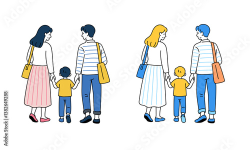 親子で歩く家族の後ろ姿