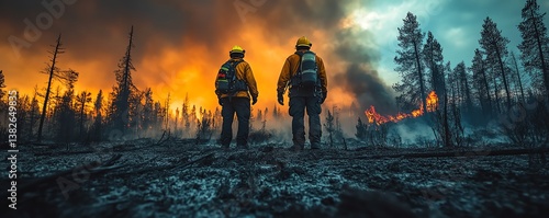 Firefighters standing tall amidst a forest fire aftermath