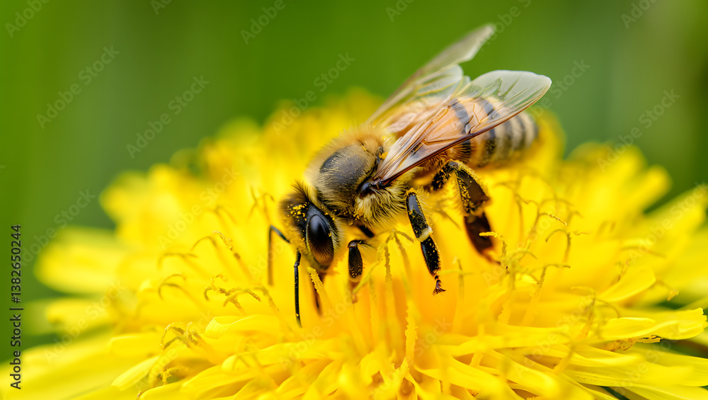 Close-up of a bee on a dandelion flower in a vibrant green field Close-up of a bee on a dandelion flower in a vibrant green field