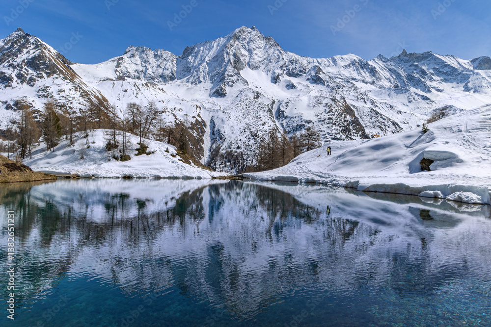 Lac Bleu in Swiss Alps Arolla in winter against Mount Dent de Veisivi and Dent di Perroc peaks Lac Bleu in Swiss Alps Arolla in winter against Mount Dent de Veisivi and Dent di Perroc peaks