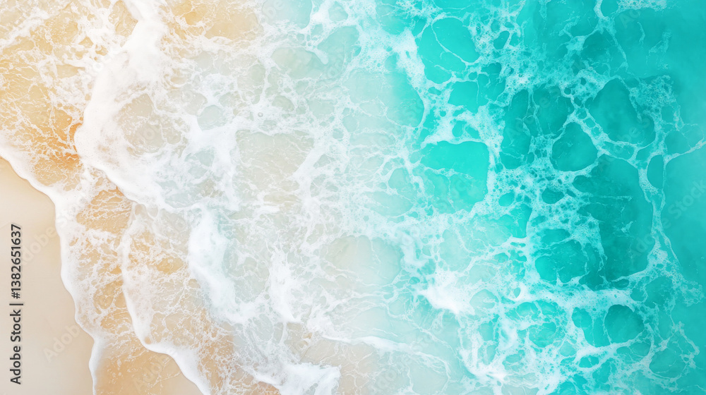 Naklejka premium Aerial view of serene beach with soft white sand and vibrant turquoise waves gently crashing, creating peaceful atmosphere