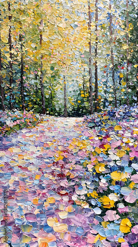 Vibrant Flower Path Through Sunlit Forest