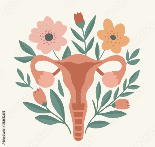 Women's Health Day. Vector illustration of healthy uterus with flowers, symbol of femininity and reproductive health, menstrual cycle, ovulation, gynecology and awareness. Use for medical projects