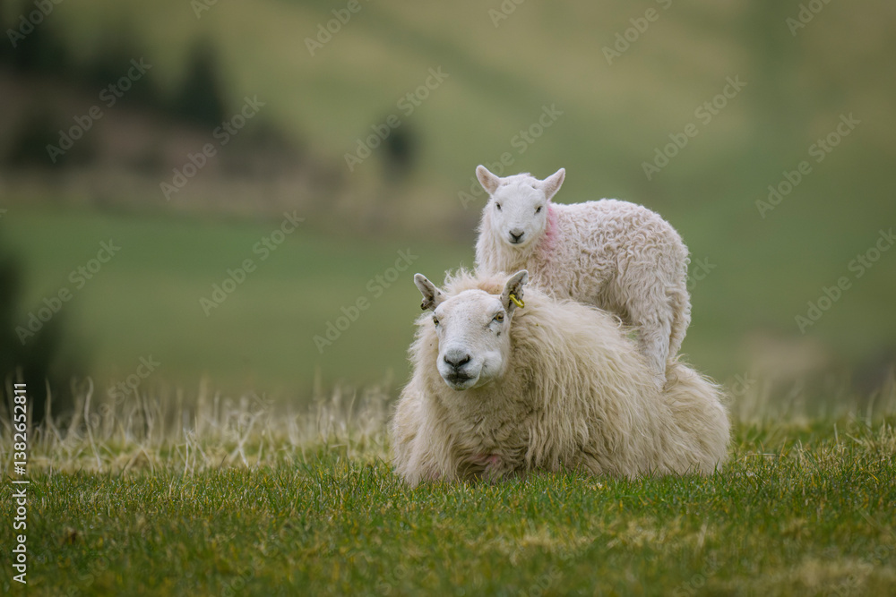 Obraz premium A small lamb playfully stands on top of its mother, signifying that Spring has begun 