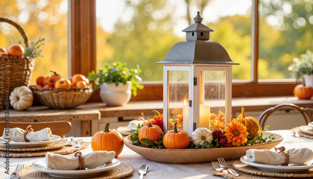 Fototapeta premium Autumn harvest lantern centerpiece on kitchen table, seasonal charm