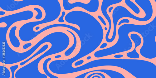 Abstract Liquid Background with Wavy Bulky Lines. Decorative groovy fluid blue lines isolated on plink background. Hand drawn geometric bulky lines. Hippie banner . Vector illustration