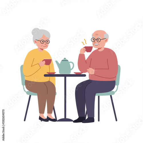 Senior woman and man enjoying afternoon tea at a cafe, celebrating togetherness, friendship, and peaceful retirement, for greeting card, poster, and print