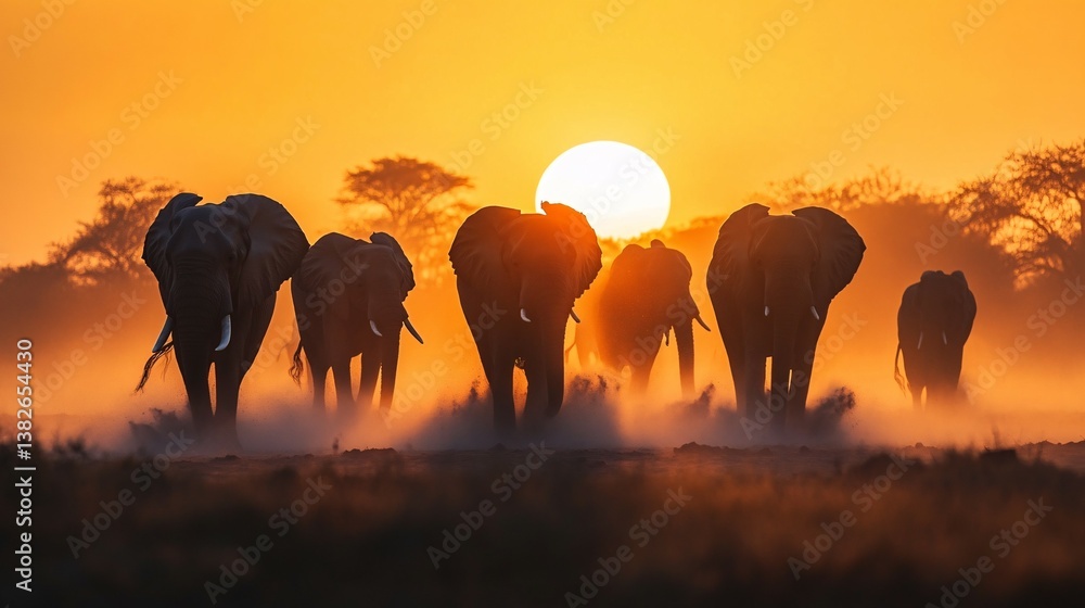 Fototapeta premium A herd of elephants walking towards the setting sun