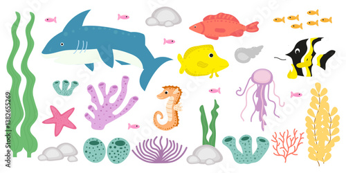 Underwater sea life, elements. Ocean, wild sea animals, fishes and plants. Cartoon natural underwater world with cute exotic fishes, water corals, ocean plants and colorful algae, flippers. Vector ill