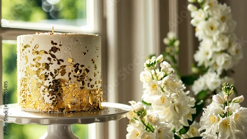 Wallpaper Mural A beautifully decorated white cake with gold decorations is complemented by delicate white flowers in a sunlit space Torontodigital.ca