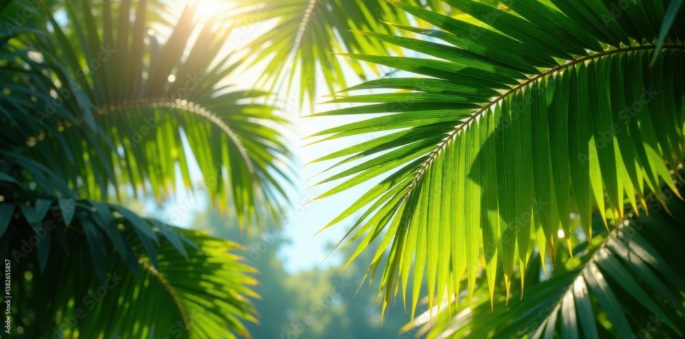 Lush green palm fronds, sunlight dappled canopy, vibrant, tropical forest Lush green palm fronds, sunlight dappled canopy, vibrant, tropical forest