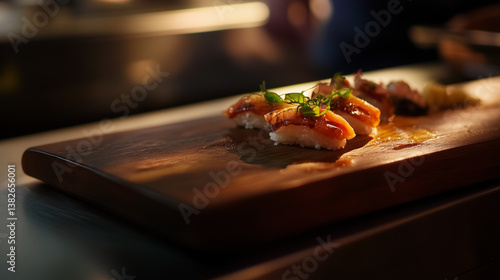 Gourmet sushi nigiri on wooden board in upscale omakase setting