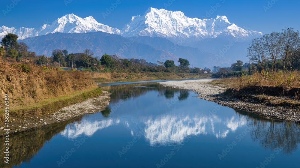 A mirror-like river reflecting the towering peaks of a snow-capped mountain range A mirror-like river reflecting the towering peaks of a snow-capped mountain range