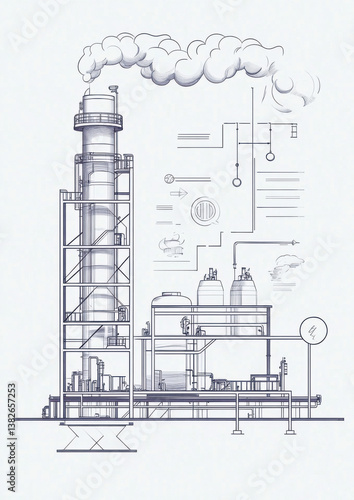 Industrial process diagram of power generation factory setting technical illustration detailed layout engineering perspective