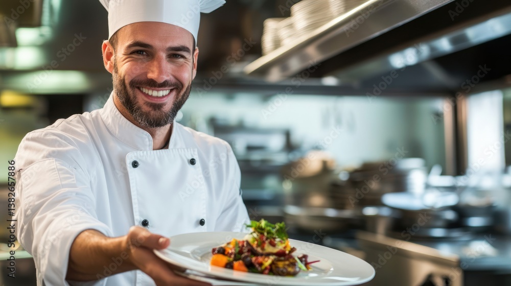 Smiling culinary professional presenting a perfectly plated gourmet dish in restaurant Smiling culinary professional presenting a perfectly plated gourmet dish in restaurant
