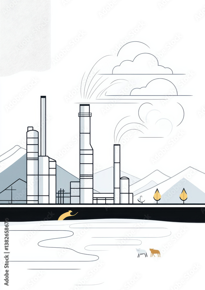 Obraz premium Industrial landscape with smokestacks and cows mountains art urban environment aerial view economic impact