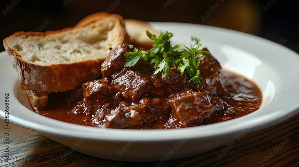 Hungarian beef stew served in a white bowl with bread slices and parsley on top.
Hungarian beef stew served in a white bowl with bread slices and parsley on top.