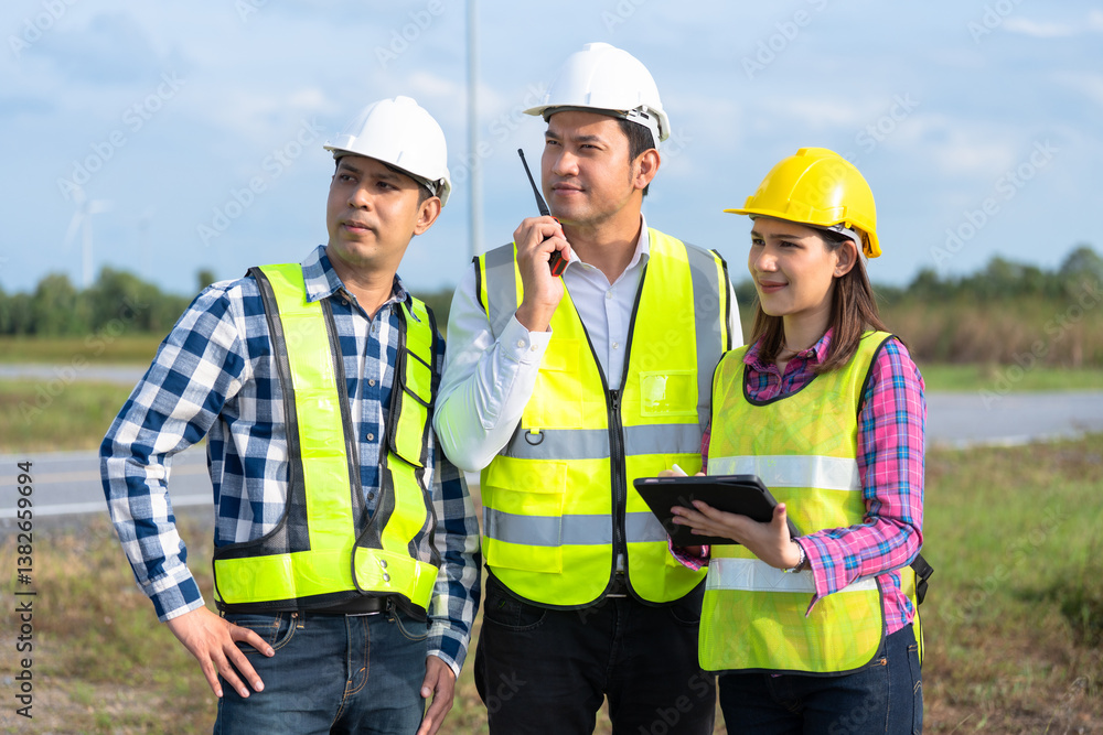 Three engineers in the wind energy industry discussing business strategies while using a walkie-talkie and a tablet, ensuring the success of a renewable power project in an outdoor setting. Three engineers in the wind energy industry discussing business strategies while using a walkie-talkie and a tablet, ensuring the success of a renewable power project in an outdoor setting.
