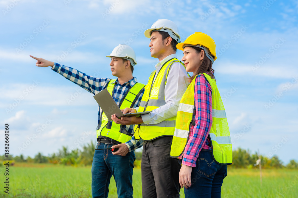 Group of engineers working in the wind power business, discussing industry advancements while using a walkie-talkie for communication and a tablet for technical data analysis. Group of engineers working in the wind power business, discussing industry advancements while using a walkie-talkie for communication and a tablet for technical data analysis.