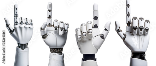 Futuristic robotic hands demonstrating various gestures and signals.