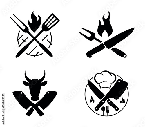 Logo emblem for a grill and barbecue establishment with a fire symbol. A black and white emblem featuring grilling utensils crossed with a flame symbol, representing BBQ culture and cooking.