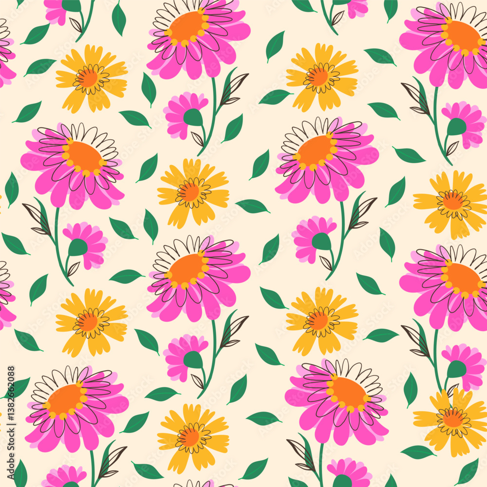 Seamless Pattern with Pink and Yellow Flowers in Doodle Style. Colorful flowers with cute lines isolated on white background. Nature design with plants perfect for invitations, cards, posters Seamless Pattern with Pink and Yellow Flowers in Doodle Style. Colorful flowers with cute lines isolated on white background. Nature design with plants perfect for invitations, cards, posters