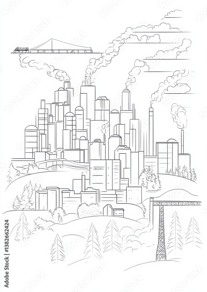 Obraz premium Industrial cityscape illustration urban environment graphic art sketched perspective concept of pollution awareness
