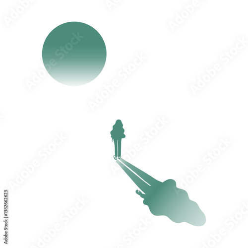 月または夕焼けを見る女性のイラスト素材_背景なし
