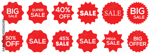 Set of vector red starburst, sunburst badges, Simple flat style vintage labels, stickers with sale discount text, icon set.