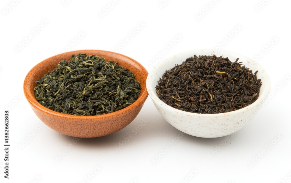 Green and Black Dried Tea Leaves in Bowls Green and Black Dried Tea Leaves in Bowls