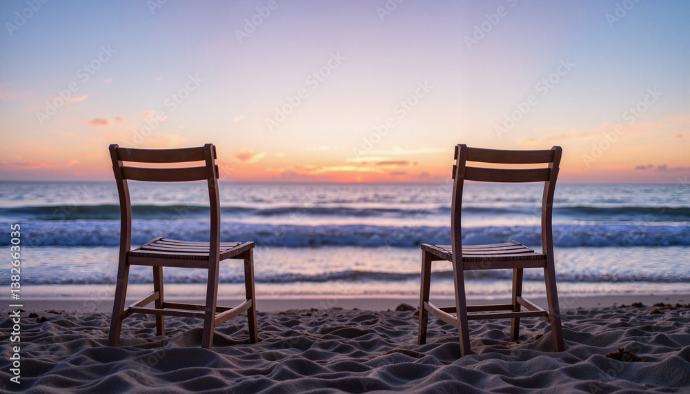 Serene bistro-style chairs facing tranquil sea view at twilight, relaxation Serene bistro-style chairs facing tranquil sea view at twilight, relaxation