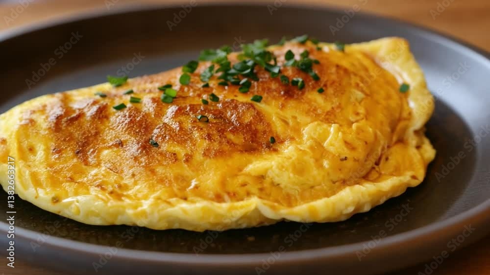 Deliciously Fluffy Omelet with Golden Brown Crust and Fresh Chives Served on a Dark Plate in a Bright Culinary Setting Deliciously Fluffy Omelet with Golden Brown Crust and Fresh Chives Served on a Dark Plate in a Bright Culinary Setting