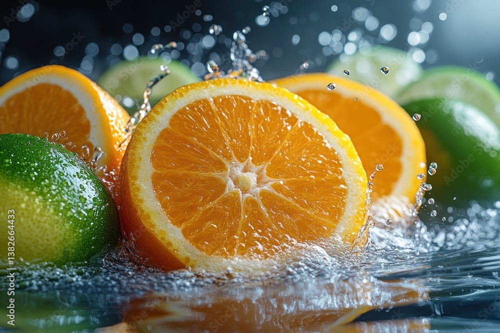 Refreshing Citrus Splash: Oranges and Limes in Vibrant Water Refreshing Citrus Splash: Oranges and Limes in Vibrant Water
