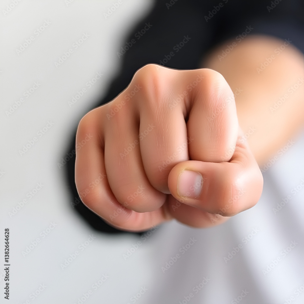 Obraz premium A close-up of a clenched fist, with knuckles prominent. The hand is in focus, while the background is blurred.