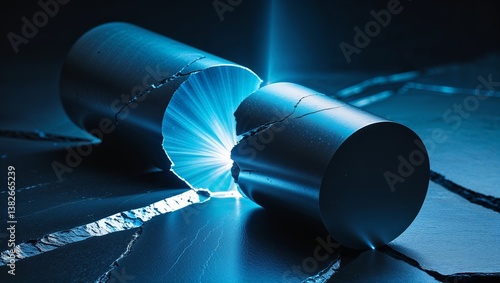 Cracked metal cylinder emitting bright blue light in a dark environment with fractured floor.