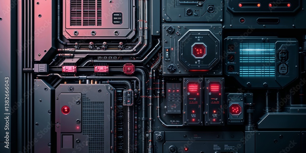 Fototapeta premium Detailed sci-fi machinery with intricate wiring and red lighting on a metal surface.