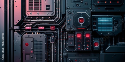 Detailed sci-fi machinery with intricate wiring and red lighting on a metal surface.