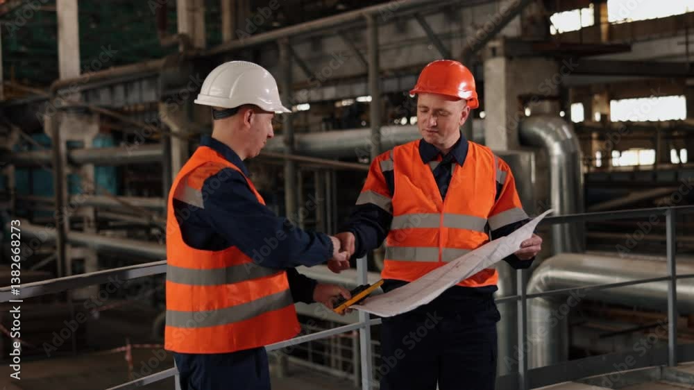 Inspecting diagrams, Foundation plans, Building designs. In heart of factory, technical designs are focal discussion between engineer and construction worker. Inspecting diagrams, Foundation plans, Building designs. In heart of factory, technical designs are focal discussion between engineer and construction worker.