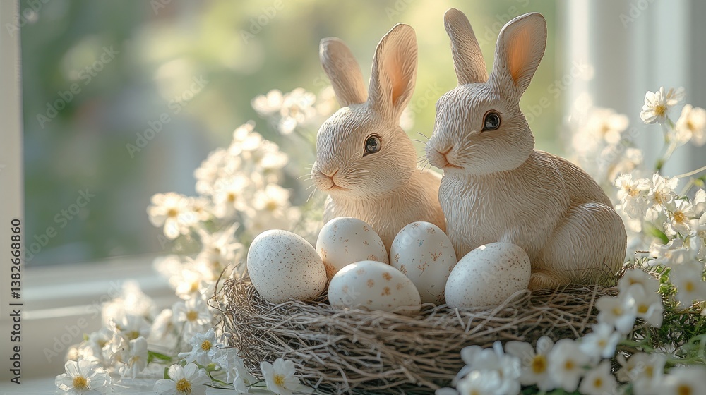 Obraz premium Easter table setting with bunny figurines and pastel eggs in a nest, delicate floral decorations and soft lighting against a white background. Charming and elegant Easter theme. 