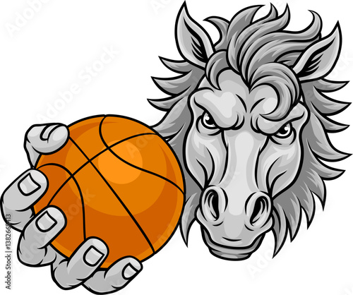 Horse mustang bronco stallion basketball angry sports team mascot holding a ball.
