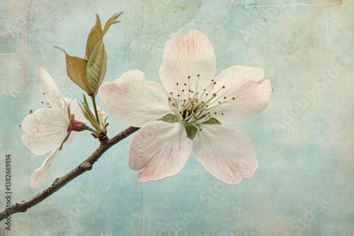 Delicate pink blossom on a branch against a textured, pale blue background.