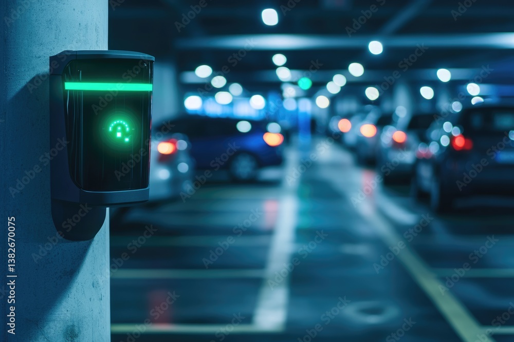 Obraz premium Electric vehicle charging station in a modern underground parking garage, glowing green.
