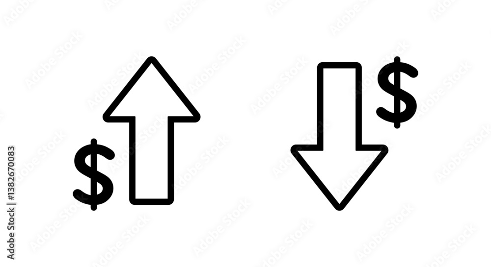 Dollar price up and down icon in trendy style. USD growth and decline sign symbol Dollar price up and down icon in trendy style. USD growth and decline sign symbol