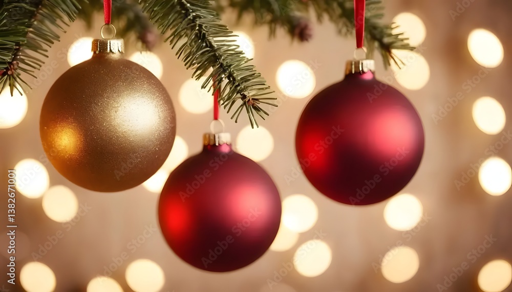 Festive Christmas ornaments hanging from a pine bough, glowing softly against a warm, blurred bokeh background. Festive Christmas ornaments hanging from a pine bough, glowing softly against a warm, blurred bokeh background.